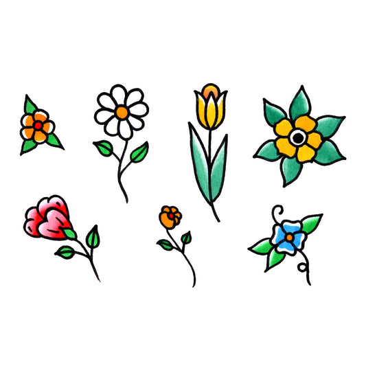 Flowers, 7 temporary tattoos on one sheet 3.5" x 5.5”
